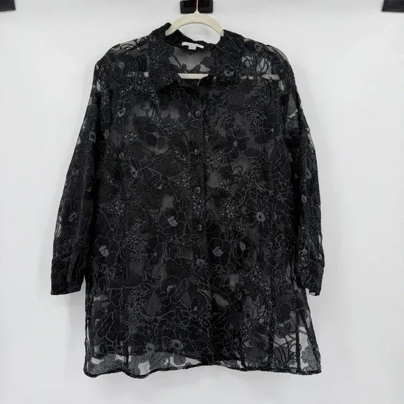 Erin London Black Floral Sheer Button Up Tunic Top Size XL - Picture 1 of 13